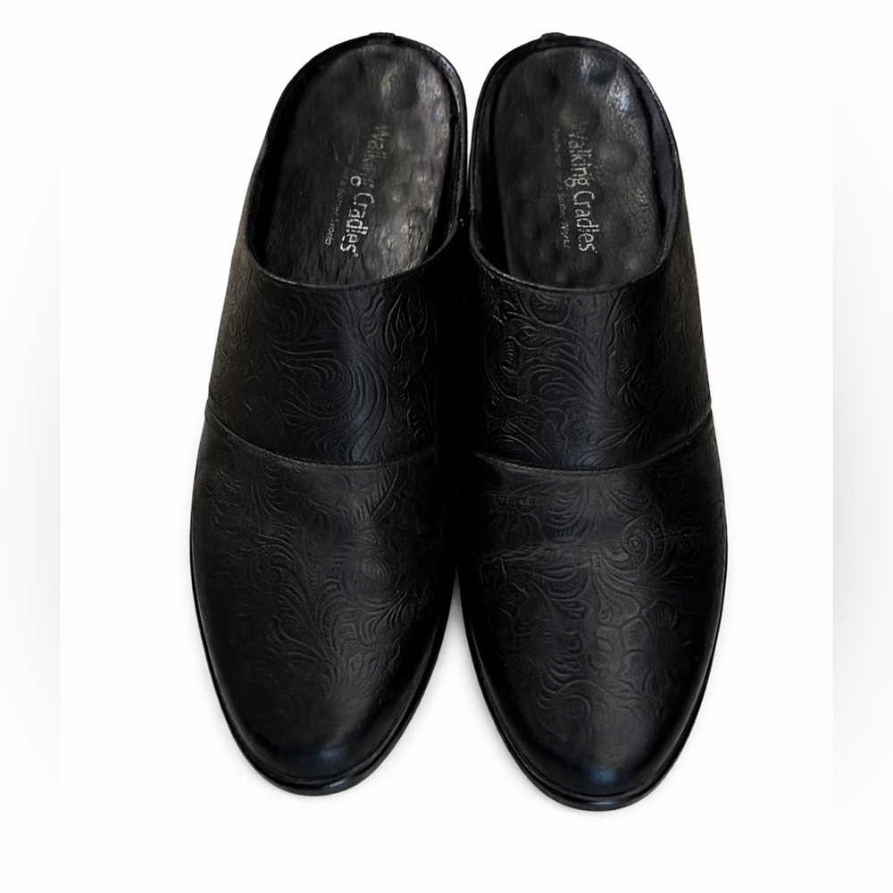 Walking Cradles Caden Black Leather Mule Clog 7 Comfort Embossed Floral